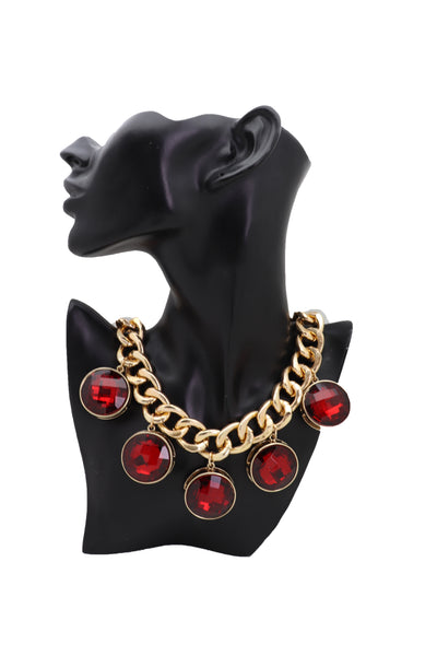 Brand New Women Gold Metal Chain Link Fashion Jewelry Short Necklace Bling Red Bead Charms Pendant