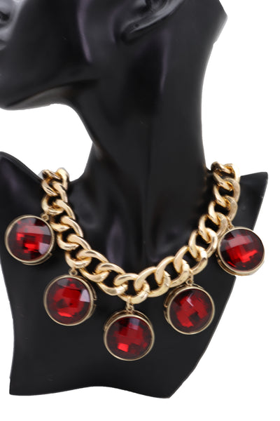 Brand New Women Gold Metal Chain Link Fashion Jewelry Short Necklace Bling Red Bead Charms Pendant