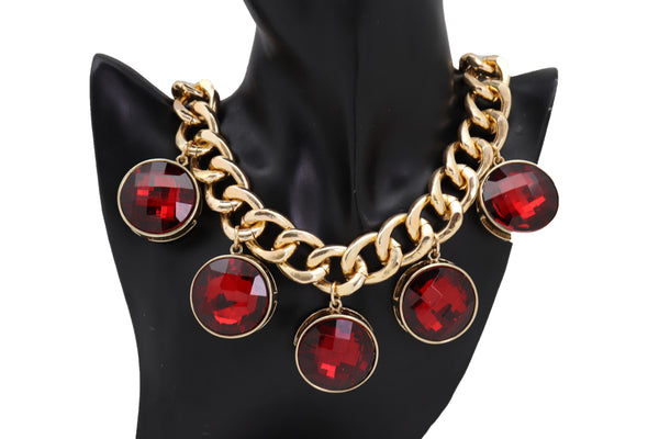 Brand New Women Gold Metal Chain Link Fashion Jewelry Short Necklace Bling Red Bead Charms Pendant