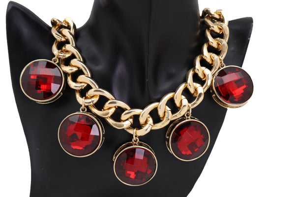 Brand New Women Gold Metal Chain Link Fashion Jewelry Short Necklace Bling Red Bead Charms Pendant