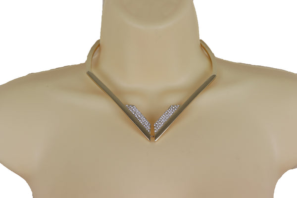 Edgy Women Fashionable Gold Metal Strand Fashion Jewelry Choker Fancy Necklace V Shape One Size