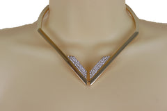 Edgy able Gold Metal Strand Choker Fancy Necklace V Shape One Size