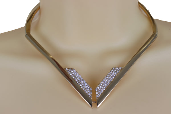 Edgy Women Fashionable Gold Metal Strand Fashion Jewelry Choker Fancy Necklace V Shape One Size