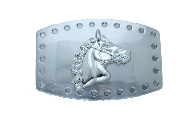 Men Women Western Fashion Belt Buckle Silver Metal Rodeo Horse Big Square Holes Cowboys