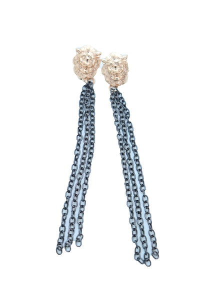 Women Hook Earrings Set Fashion Jewelry Black Metal Chain Long Tassel Gold Lion Street Wear