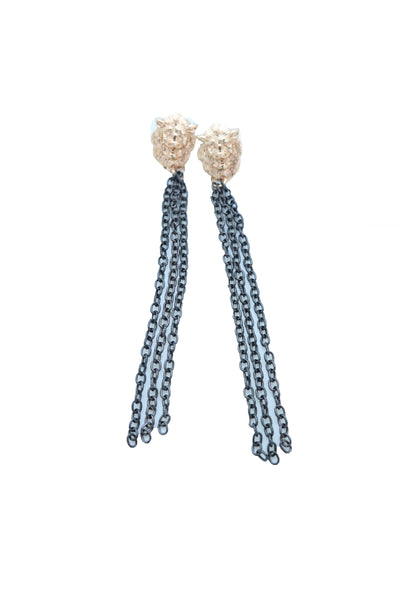 Women Hook Earrings Set Fashion Jewelry Black Metal Chain Long Tassel Gold Lion Street Wear