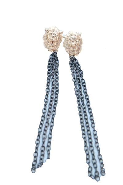 Women Hook Earrings Set Fashion Jewelry Black Metal Chain Long Tassel Gold Lion Street Wear