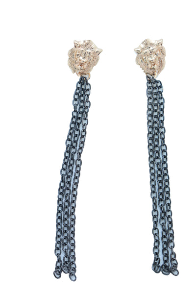 Women Hook Earrings Set Fashion Jewelry Black Metal Chain Long Tassel Gold Lion Street Wear