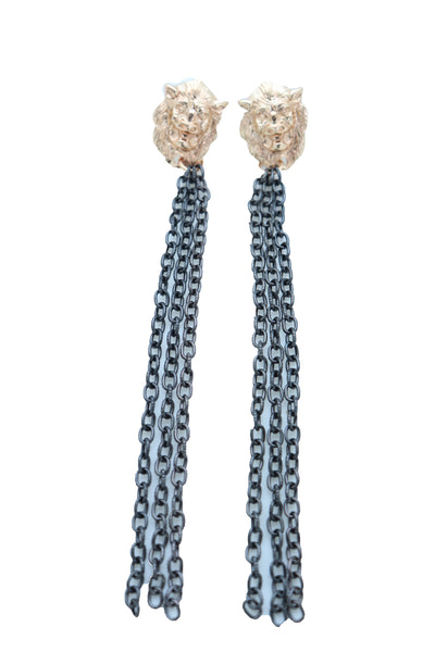Women Hook Earrings Set Fashion Jewelry Black Metal Chain Long Tassel Gold Lion Street Wear