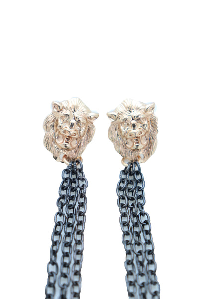 Women Hook Earrings Set Fashion Jewelry Black Metal Chain Long Tassel Gold Lion Street Wear