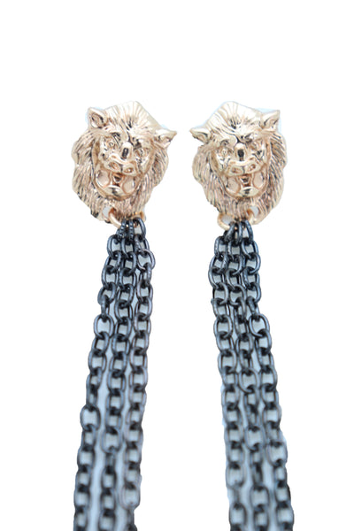 Women Hook Earrings Set Fashion Jewelry Black Metal Chain Long Tassel Gold Lion Street Wear