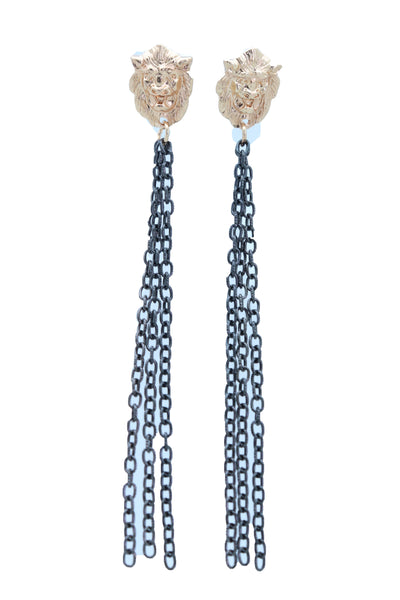 Women Hook Earrings Set Fashion Jewelry Black Metal Chain Long Tassel Gold Lion Street Wear