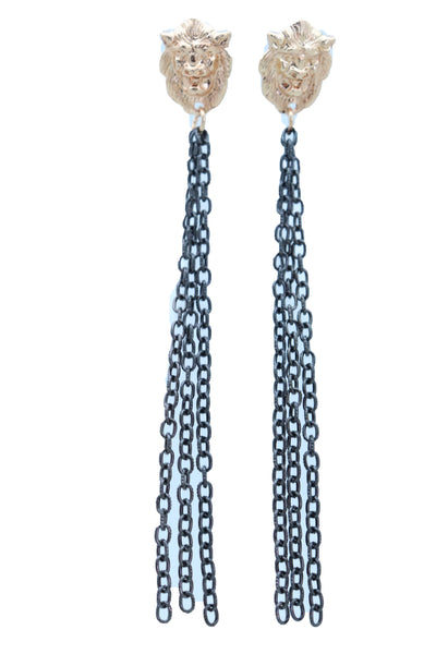 Women Hook Earrings Set Fashion Jewelry Black Metal Chain Long Tassel Gold Lion Street Wear