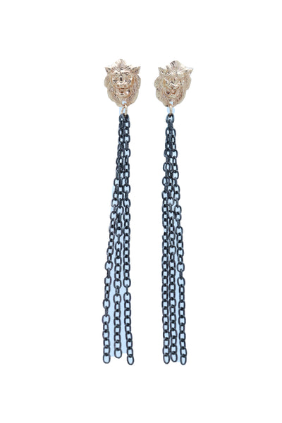 Women Hook Earrings Set Fashion Jewelry Black Metal Chain Long Tassel Gold Lion Street Wear