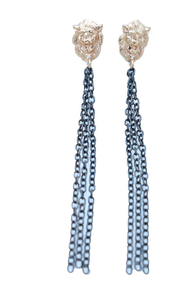 Women Hook Earrings Set Fashion Jewelry Black Metal Chain Long Tassel Gold Lion Street Wear