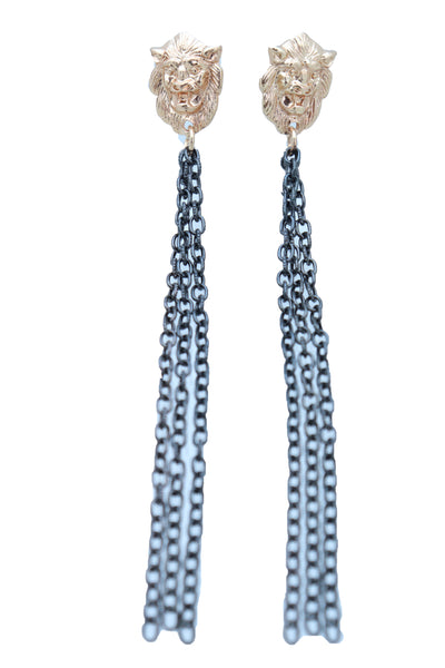 Women Hook Earrings Set Fashion Jewelry Black Metal Chain Long Tassel Gold Lion Street Wear
