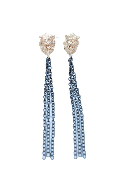 Women Hook Earrings Set Fashion Jewelry Black Metal Chain Long Tassel Gold Lion Street Wear