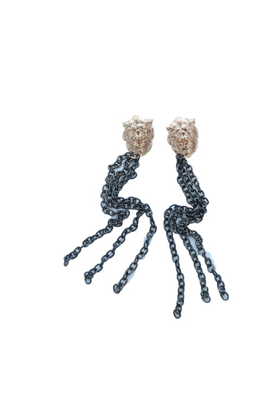 Women Hook Earrings Set Fashion Jewelry Black Metal Chain Long Tassel Gold Lion Street Wear