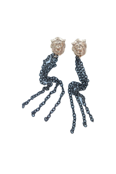 Women Hook Earrings Set Fashion Jewelry Black Metal Chain Long Tassel Gold Lion Street Wear