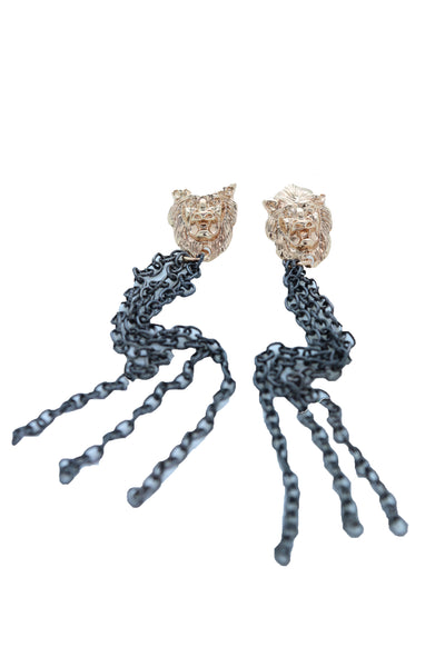 Women Hook Earrings Set Fashion Jewelry Black Metal Chain Long Tassel Gold Lion Street Wear