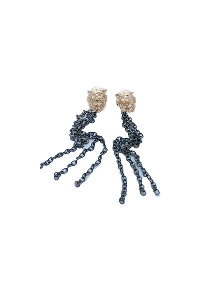 Brand New Women Hook Earrings Set Fashion Jewelry Black Metal Chain Long Tassel Gold Lion