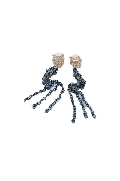 Women Hook Earrings Set Fashion Jewelry Black Metal Chain Long Tassel Gold Lion Street Wear