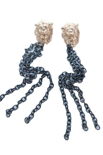 Women Hook Earrings Set Fashion Jewelry Black Metal Chain Long Tassel Gold Lion Street Wear