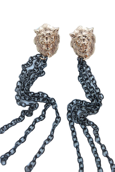 Women Hook Earrings Set Fashion Jewelry Black Metal Chain Long Tassel Gold Lion Street Wear