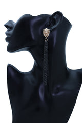 Hook Earrings Set Black Metal Chain Long Tassel Gold Lion