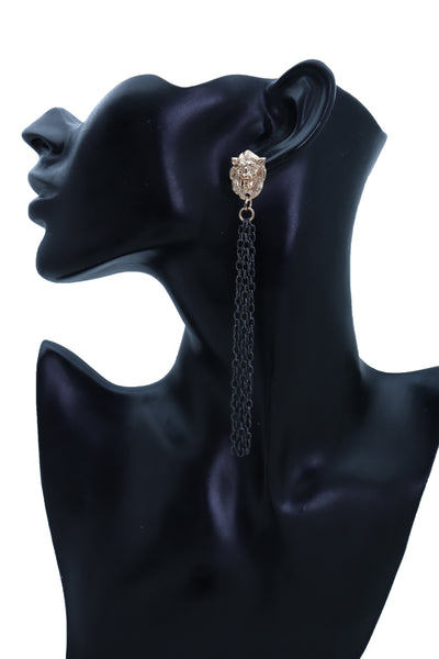 Women Hook Earrings Set Fashion Jewelry Black Metal Chain Long Tassel Gold Lion Street Wear