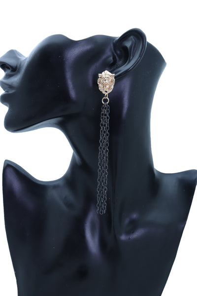 Brand New Women Hook Earrings Set Fashion Jewelry Black Metal Chain Long Tassel Gold Lion