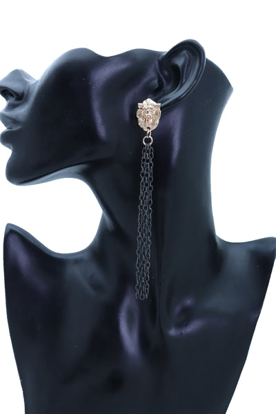 Women Hook Earrings Set Fashion Jewelry Black Metal Chain Long Tassel Gold Lion Street Wear