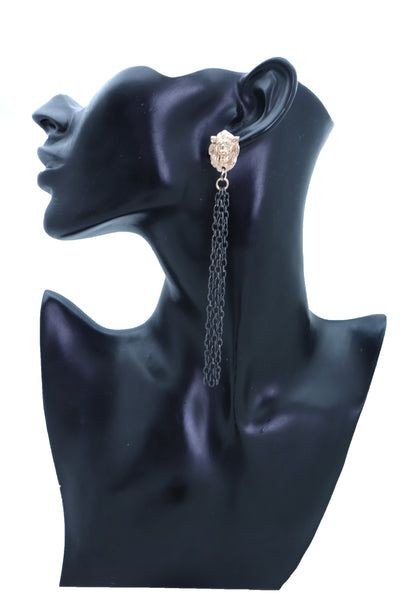Women Hook Earrings Set Fashion Jewelry Black Metal Chain Long Tassel Gold Lion Street Wear