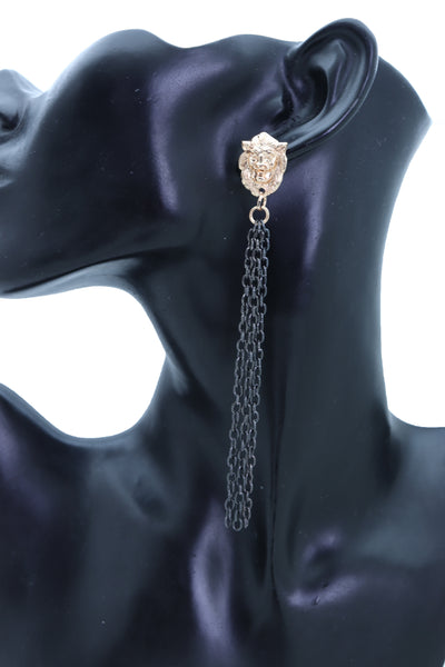Women Hook Earrings Set Fashion Jewelry Black Metal Chain Long Tassel Gold Lion Street Wear