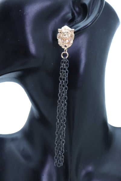 Women Hook Earrings Set Fashion Jewelry Black Metal Chain Long Tassel Gold Lion Street Wear