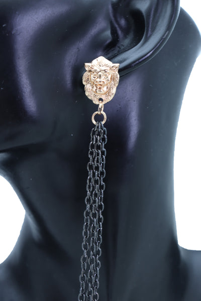 Women Hook Earrings Set Fashion Jewelry Black Metal Chain Long Tassel Gold Lion Street Wear