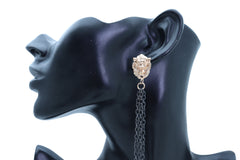 Hook Earrings Set Black Metal Chain Long Tassel Gold Lion