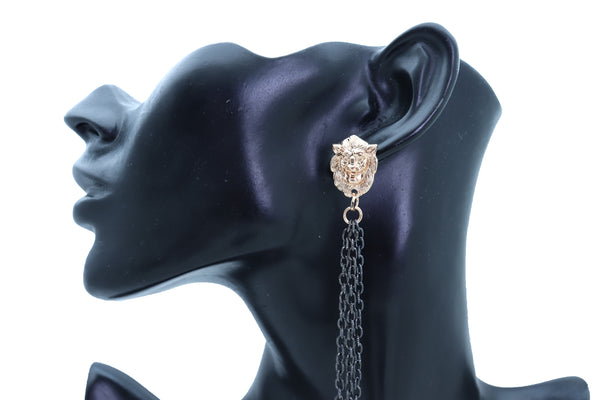 Women Hook Earrings Set Fashion Jewelry Black Metal Chain Long Tassel Gold Lion Street Wear