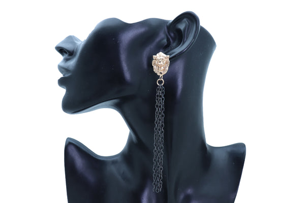 Women Hook Earrings Set Fashion Jewelry Black Metal Chain Long Tassel Gold Lion Street Wear