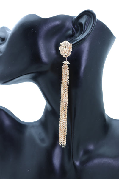 Brand New Women Earrings Set Fashion Jewelry Gold Metal Chain Long Tassel Lion Charm Sexy Fringes