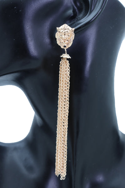Brand New Women Earrings Set Fashion Jewelry Gold Metal Chain Long Tassel Lion Charm Sexy Fringes