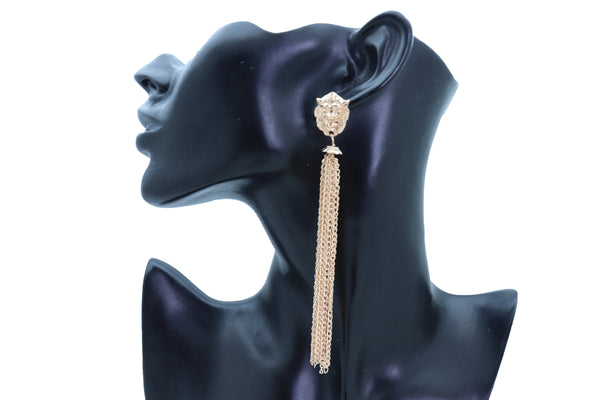 Brand New Women Earrings Set Fashion Jewelry Gold Metal Chain Long Tassel Lion Charm Sexy Fringes