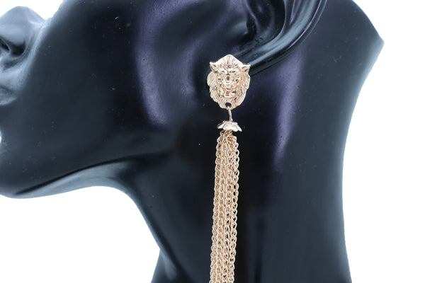 Brand New Women Earrings Set Fashion Jewelry Gold Metal Chain Long Tassel Lion Charm Sexy Fringes