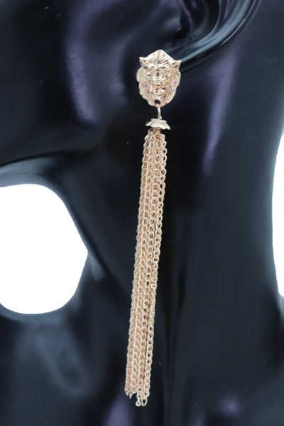 Brand New Women Earrings Set Fashion Jewelry Gold Metal Chain Long Tassel Lion Charm Sexy Fringes
