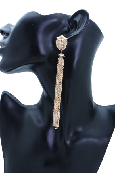 Brand New Women Earrings Set Fashion Jewelry Gold Metal Chain Long Tassel Lion Charm Sexy Fringes