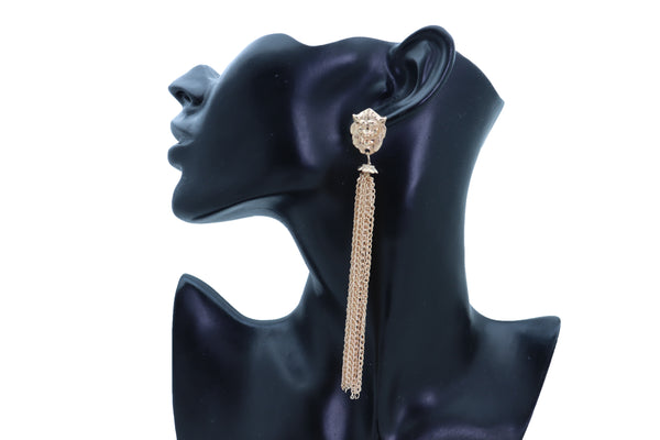 Brand New Women Earrings Set Fashion Jewelry Gold Metal Chain Long Tassel Lion Charm Sexy Fringes