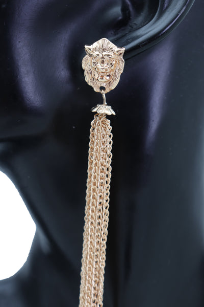 Brand New Women Earrings Set Fashion Jewelry Gold Metal Chain Long Tassel Lion Charm Sexy Fringes