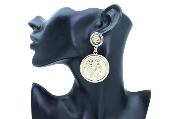Women Earrings Set Trendy Fashion Jewelry Gold Metal Big Coin Money Medallion Bling Style