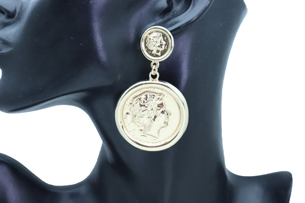 Women Earrings Set Trendy Fashion Jewelry Gold Metal Big Coin Money Medallion Bling Style