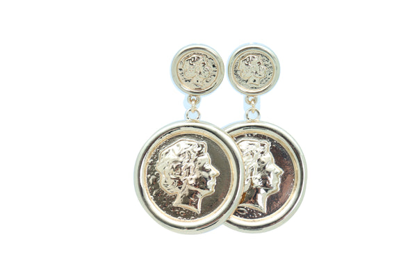 Women Earrings Set Trendy Fashion Jewelry Gold Metal Big Coin Money Medallion Bling Style